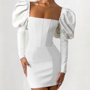 Club L London Karyme Off White Faux Leather puff sleeve mini dress